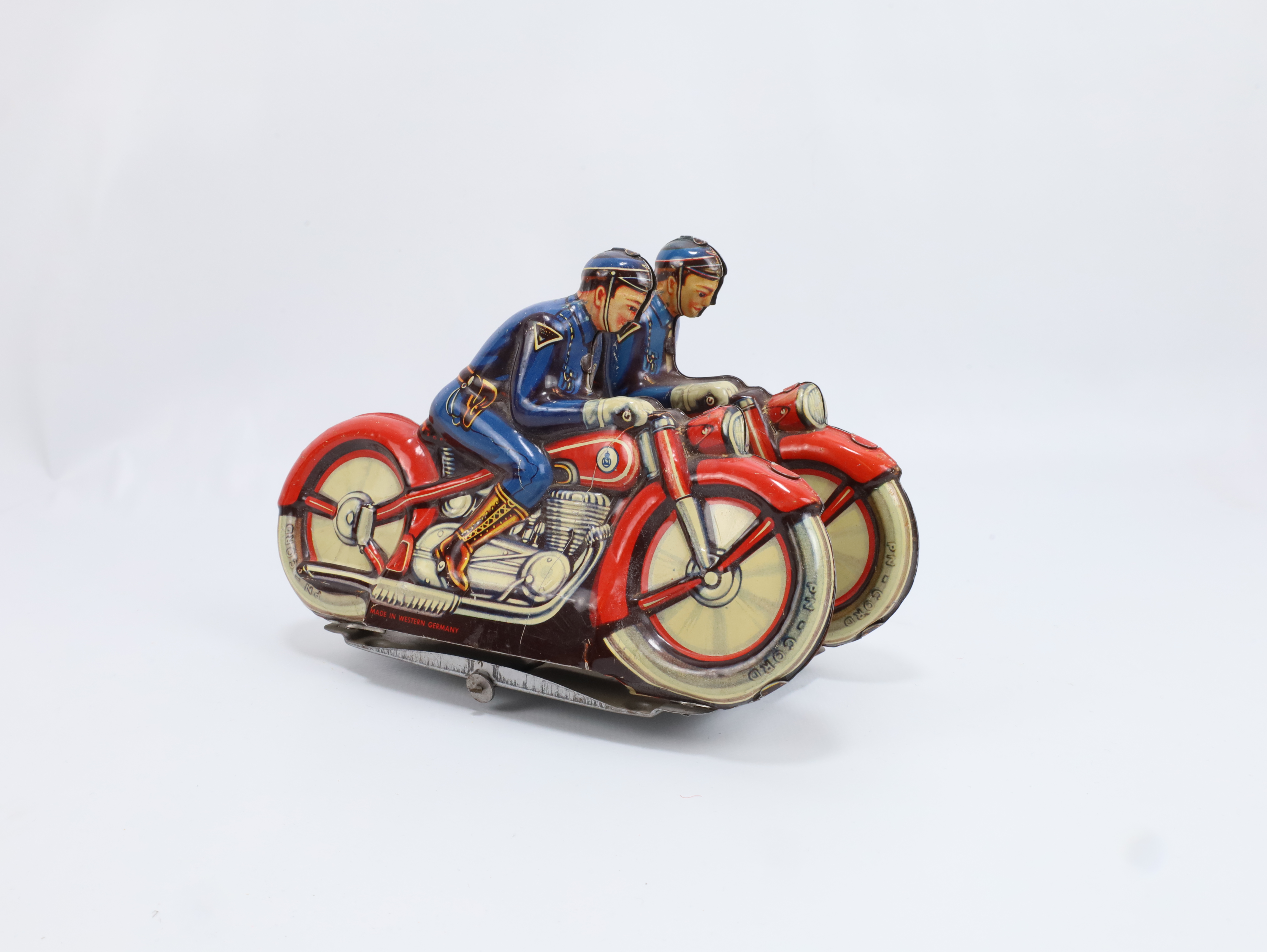 Vintage blikkleke – 2 motorsyklister (Made in Western Germany)