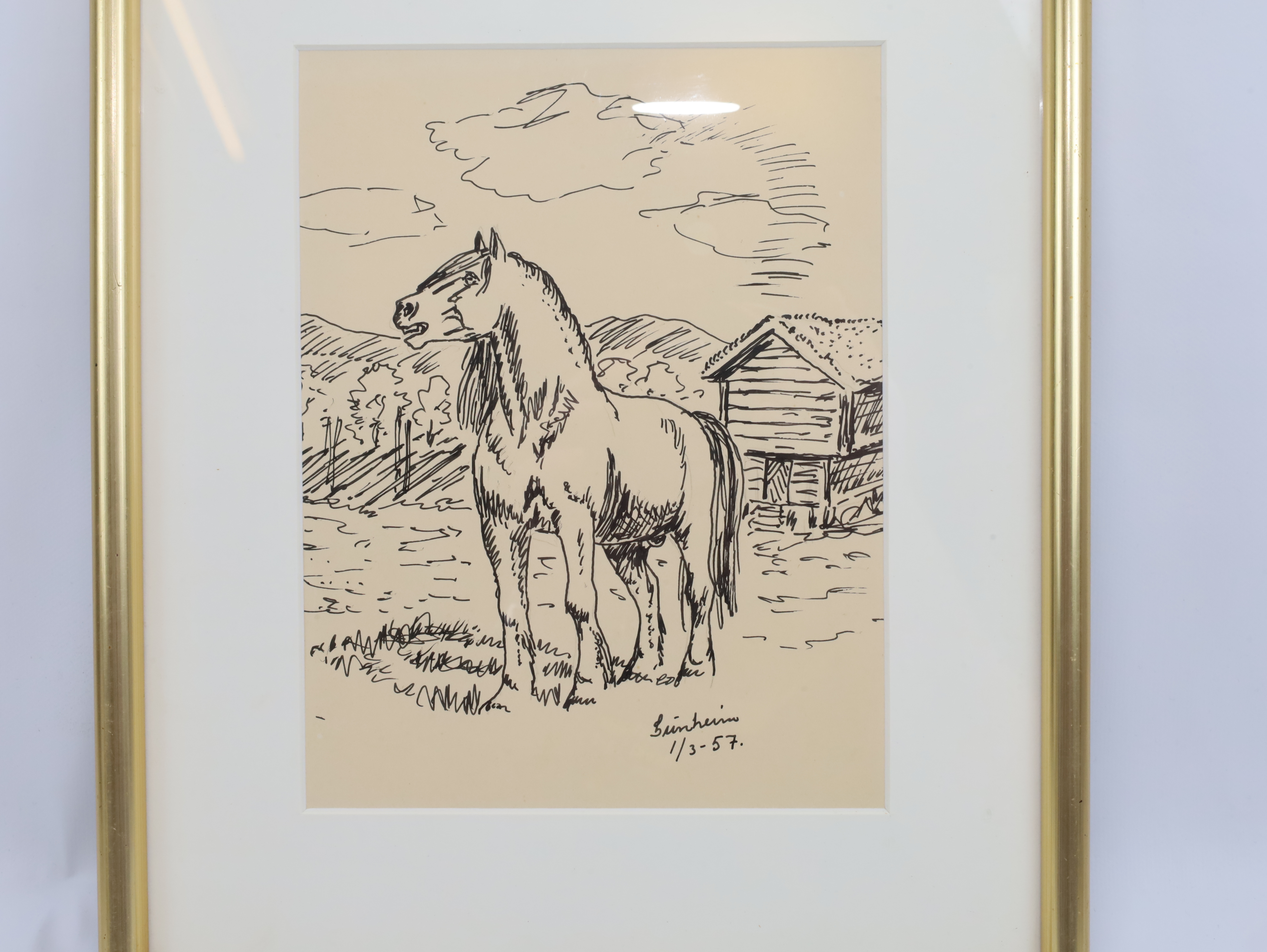 Lindheim – tegning av hest – datert 1957 – innrammet