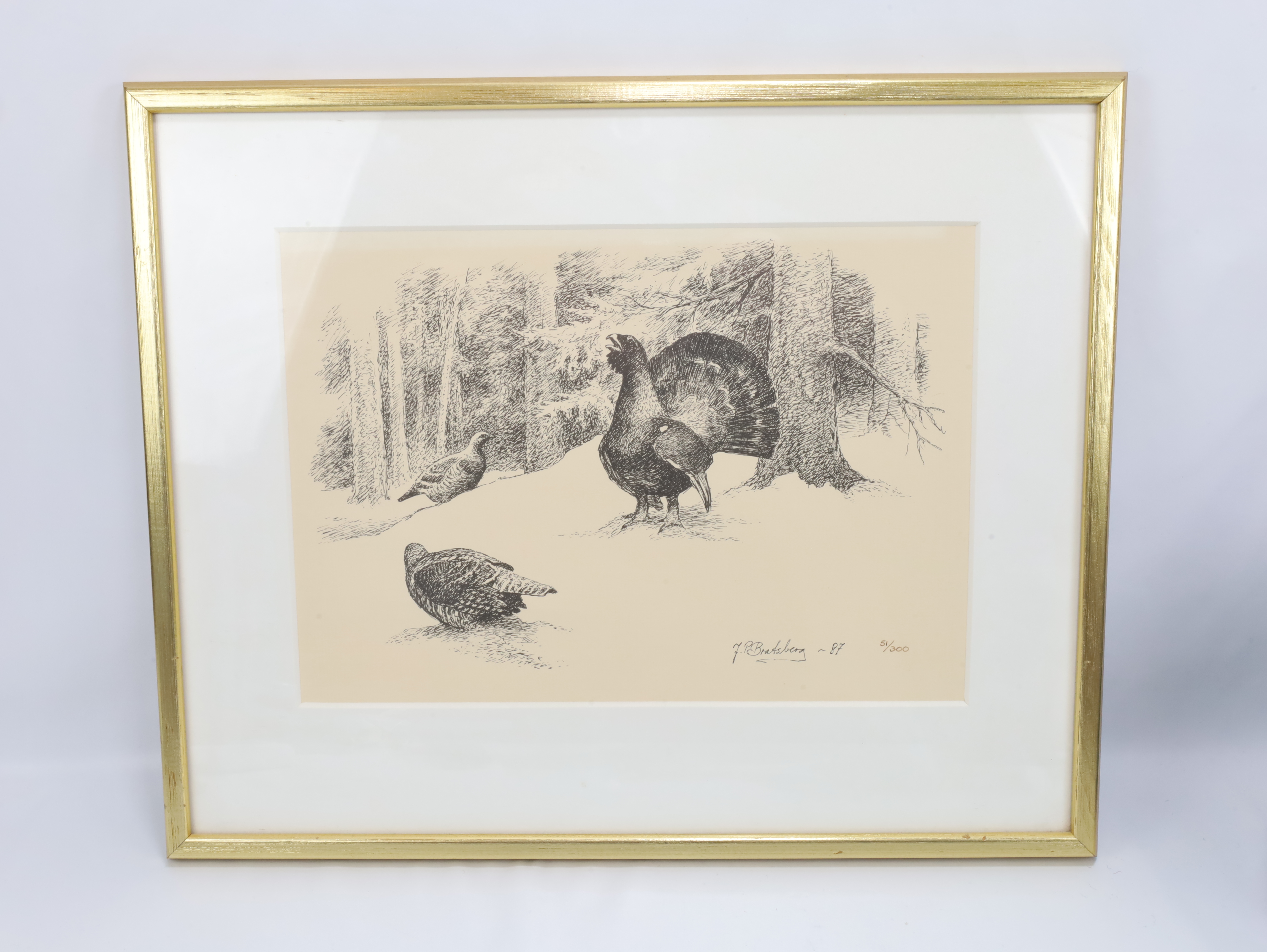 Litografi av Jan Petter Bratsberg - Tiur i naturmiljø